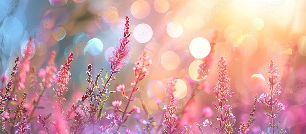 Poster blurred bokeh background with spring garden plants, offering copy space image.