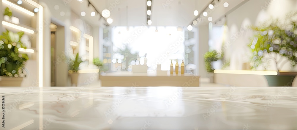 Aufkleber Blurred abstract room background complements empty table design for product display with copy space image.