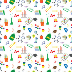 vector seamless pattern with school subjects on a white background