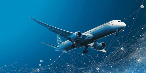 Fototapeta premium Global Aviation Connectivity: A High-Tech Airplane Navigating Through a Digitized World Map