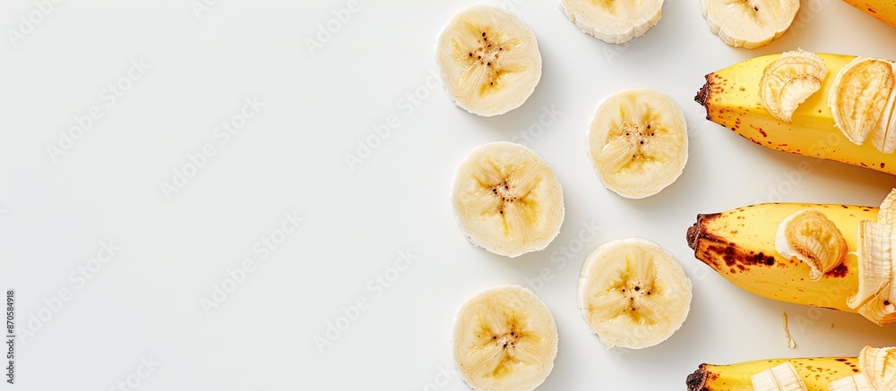 Poster Banana slices on a white background with copy space image.