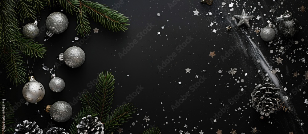 Poster Black background highlighted with white and silver Christmas decorations with empty copy space image for text, ideal for holiday postcards or invitations. Top view layout.