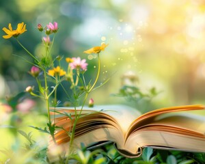 Open Book lie on Green Grass with Flowers.  Summer Holiday Background. Outdoor Reading Scene....