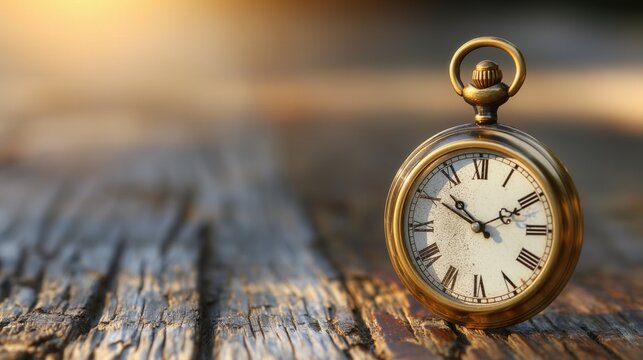 Antique old bronze Pocket watch with Roman numeric sun light shine on wood table