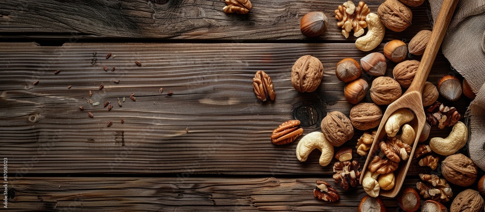 Poster Assorted nuts like cedar, cashew, hazelnut, and walnuts, along with a spoon, are displayed on a wooden table with a rustic aesthetic, creating a visually appealing copy space image.