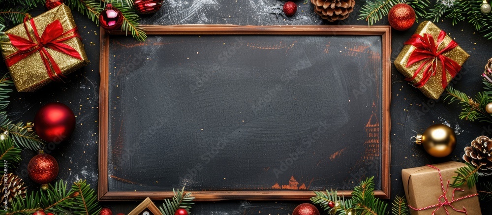Poster decorated for christmas, the blackboard is empty, adorned with baubles and gift boxes, creating a fe