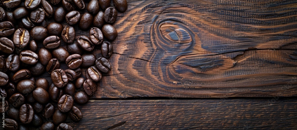 Poster close-up image of roasted coffee beans with scattered ones on a wooden surface in a copy space image