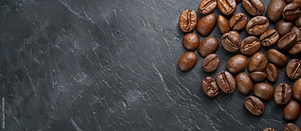 Poster Close-up image of coffee beans on a black mirror background with copy space image.
