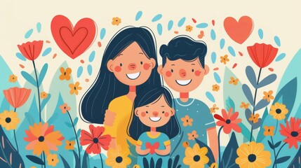 Happy family with a young girl surrounded by blooming flowers and hearts.