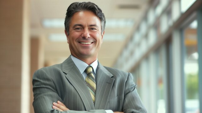 Portrait of successful businessman entrepreneur boss director CEO beautiful smile cross hands stands at office corridor next to window sunny day