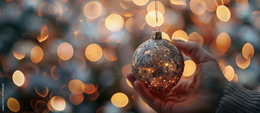 Aufkleber festive christmas decoration held up in front of a blurred bokeh lights backdrop for copy space imag