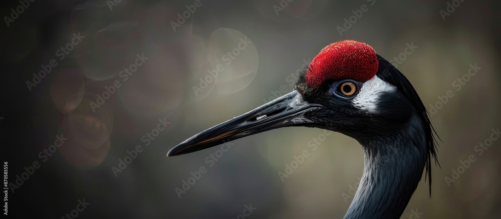 Aufkleber Close-up shot of a Manchurian crane's head, showing its long beak with a feather at the end. Background is blurred with space for text (copy space image).