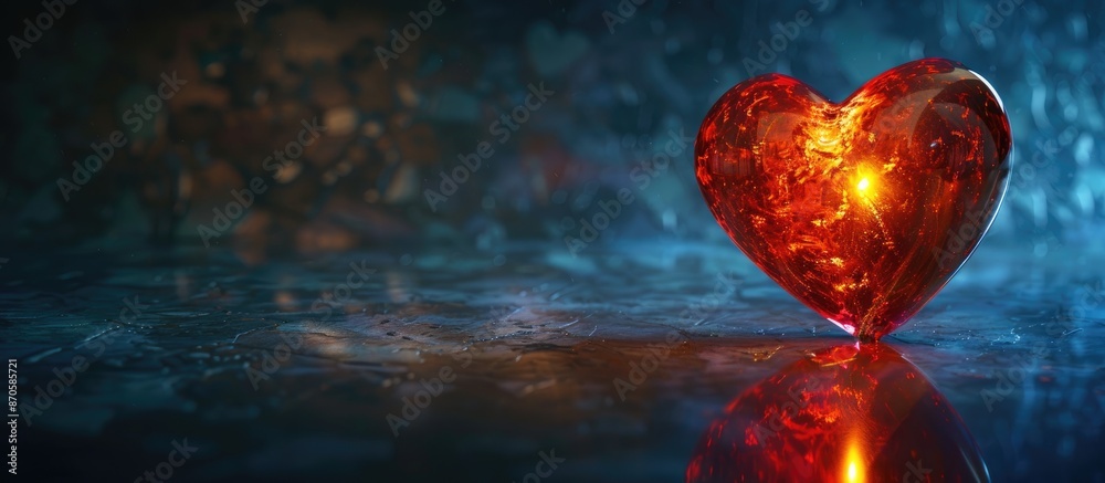 Fototapete an illuminated heart shape on a dark backdrop with reflection, ideal for a valentines concept with c