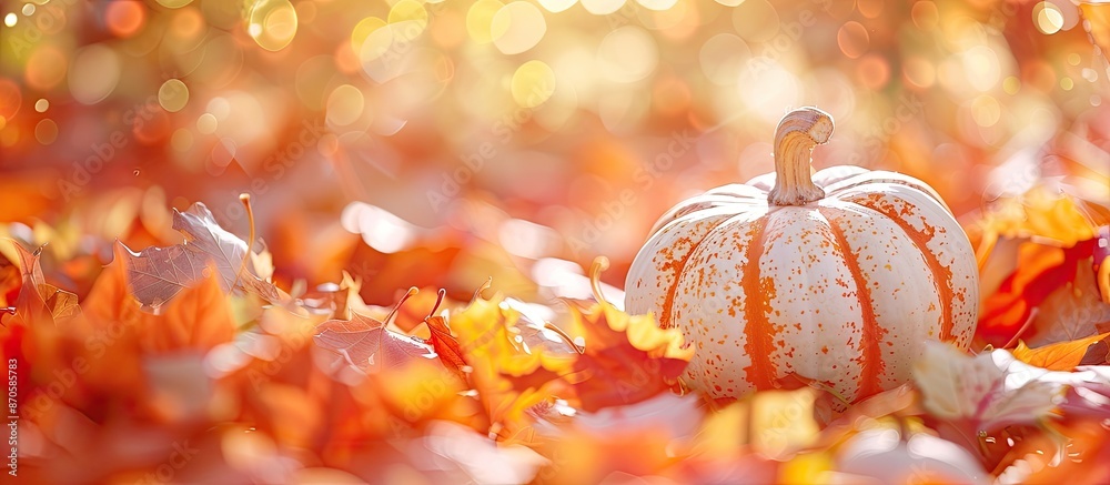Poster colorful autumn setting with selective focus on orange and white pumpkin surrounded by vibrant maple