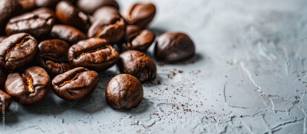 Poster Close-up shot of a textured pile of roasted coffee beans against a neutral background, perfect for adding text with copy space image suitable for coffee house branding.