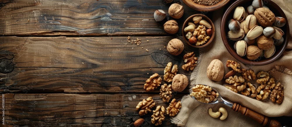 Poster Assorted nuts like cedar, cashew, hazelnut, and walnuts, along with a spoon, are displayed on a wooden table with a rustic aesthetic, creating a visually appealing copy space image.