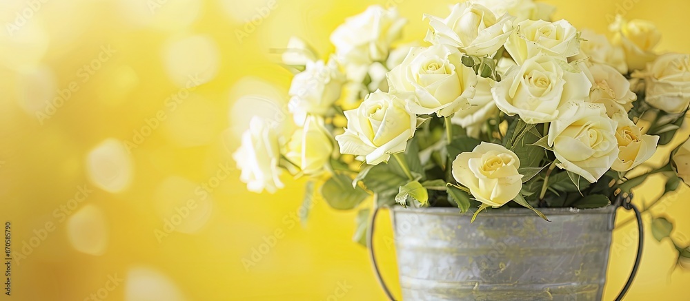 Poster Closeup of a bucket filled with white roses against a yellow background, with blurred details for enhanced focus, creating room for text in the image. image with copy space