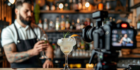 Bartender creating and filming cocktails for a social media audience using professional camera gear.