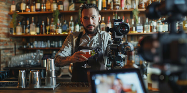 Professional bartender live streaming cocktail preparations for social networks with a camera setup.