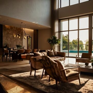 villa interiors with harsh sun light with a light brown mood, the furniture should be elegant and modern with an nature touch, the sould should be a macro shot on some element in the room