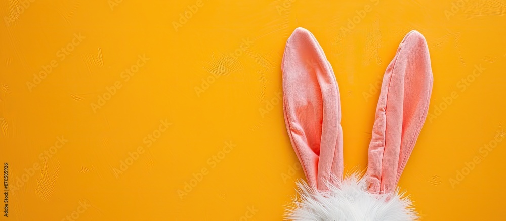 Poster Easter theme with a bunny ears costume on a yellow background, featuring a simple flat lay design with space for text or images. image with copy space