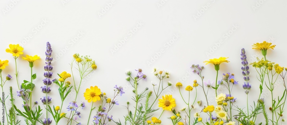Poster flat lay image with yellow and purple meadow flowers on a white backdrop, featuring copy space.