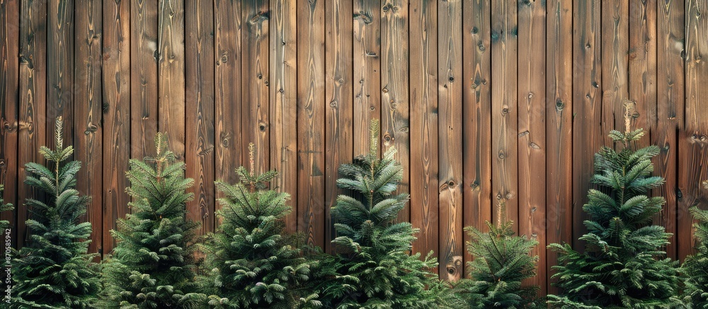 Poster background with green firs behind a wooden house wall with space for copy images included.