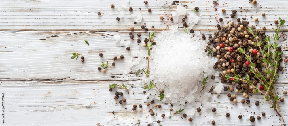 Poster Close-up of salt scattered with peppercorns and thyme, on a white wooden table, with ample space for a text overlay on the background image.