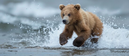 An Alaskan juvenile brown bear is playfully exploring the Brooks River's shore in a captivating copy space image.