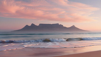 depiction of a serene beach at sunset, highlighting gentle waves and a soft, pastel-colored sky. A mountain range in the background enhances the idyllic scene