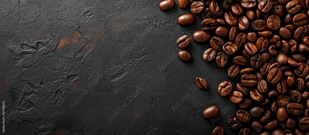 Poster Coffee beans spread out on a black table with copy space image.