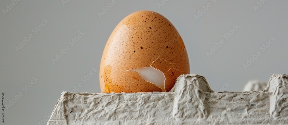Poster close-up of a fresh chicken egg on an egg box against a white background, including a fragile egg sh