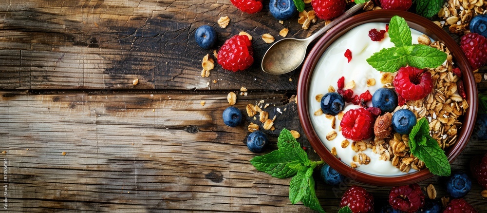 Poster close-up shot of yogurt, berries, mint, and granola on a wooden table, featuring a blank area ideal 