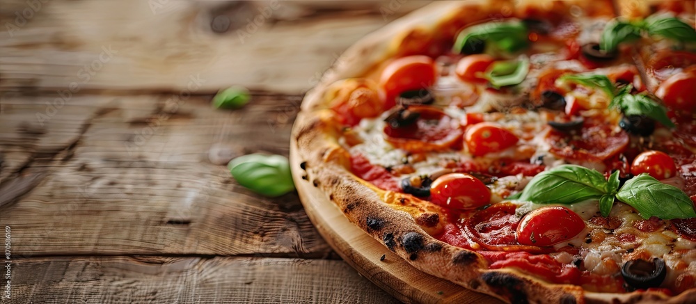 Poster close-up of a mouthwatering pizza with a copyspace image.