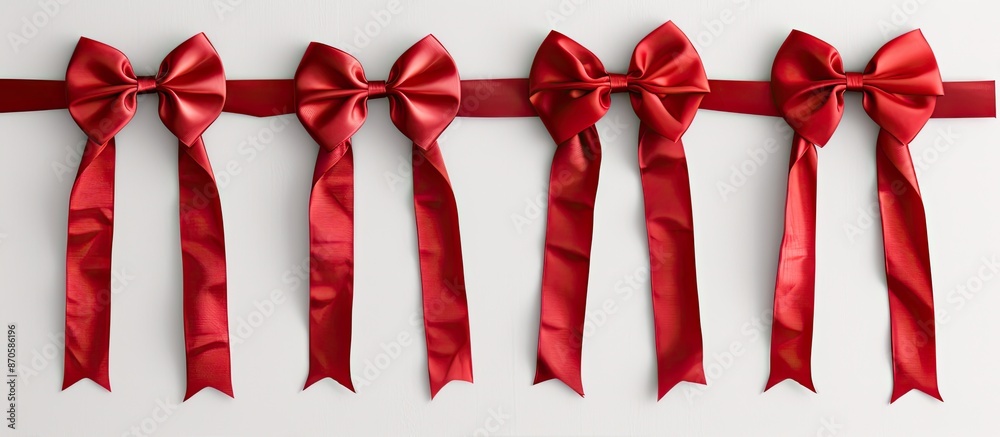 Poster collection of elegant red satin bows with ribbons on a white backdrop, suitable for use as a copy sp