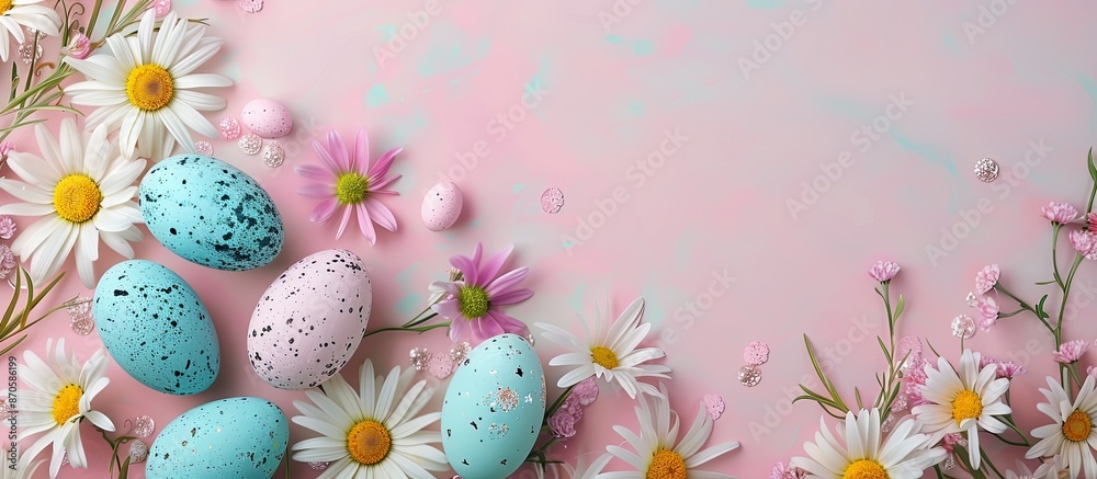 Poster celebrate easter with a festive background filled with colorful eggs, blooming flowers, and ample co