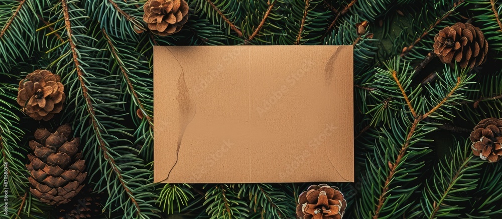 Aufkleber Creative Christmas scene featuring a blank greeting card mock-up surrounded by Christmas tree branches in a flat lay composition. Nature-inspired New Year concept with copy space image.