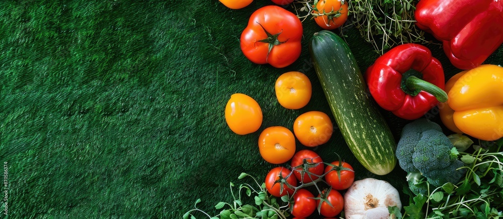 Poster Flat lay of various fresh ripe vegetables displayed on green grass with copy space image.