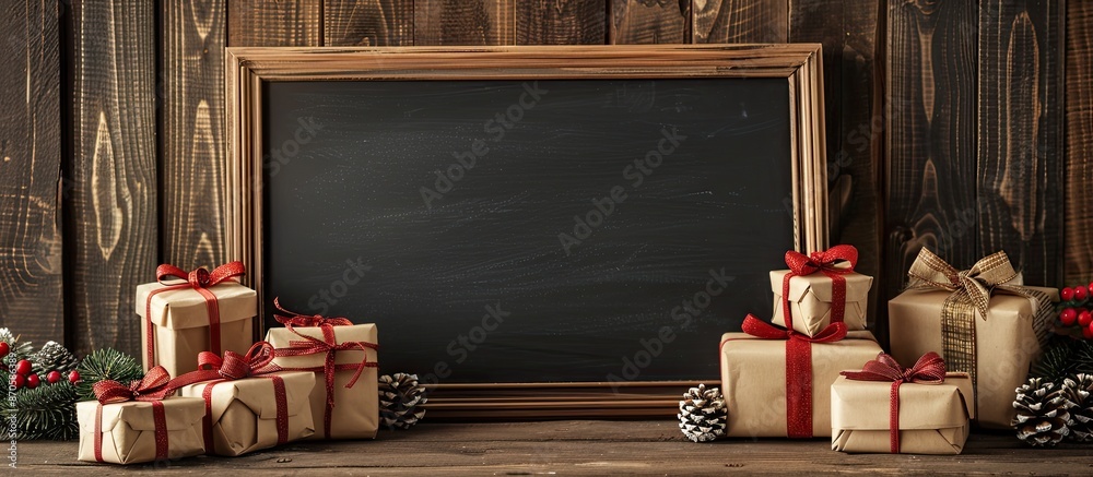 Poster Blackboard positioned near festive gift boxes with empty space for writing or displaying, ideal for customization or greetings. image with copy space