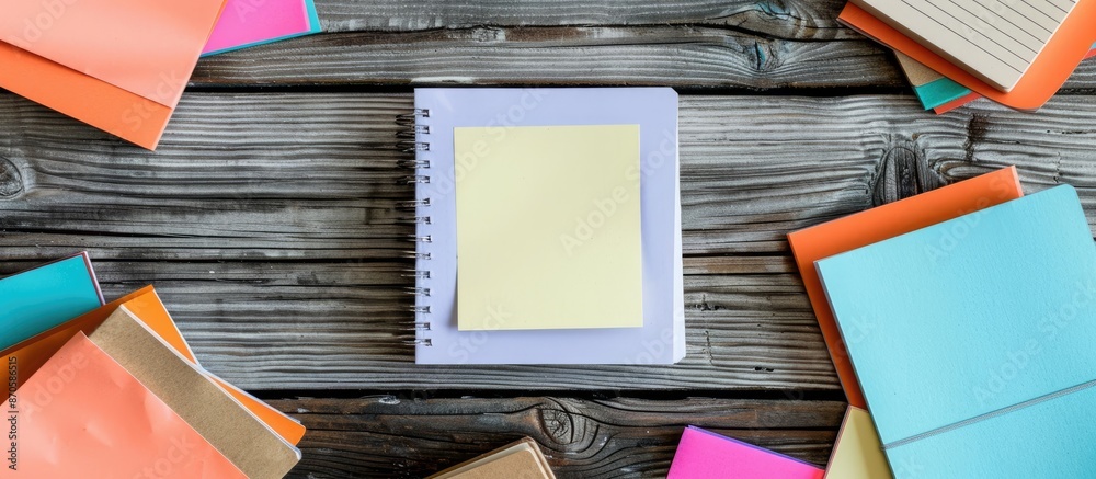 Poster Close-up of blank post-it note on a notebook with copy space image surrounded by other notebooks on a wooden background for a business idea concept.