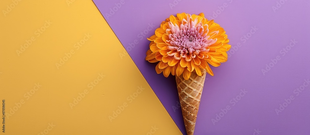 Poster Chrysanthemum flower in a waffle cone displayed on a colorful purple and yellow background in a top-down flat lay style with copy space image.