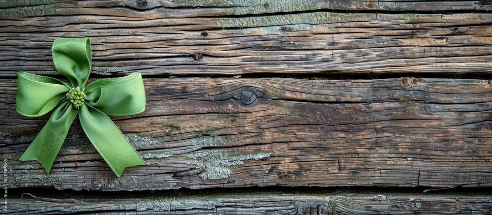 Poster An Easter decoration featuring a green bow rests on weathered wood with ample copy space for adding text to the image.