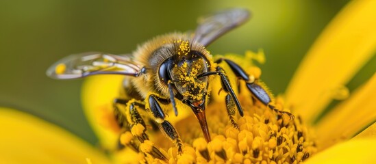 Close-up image of a honey bee covered in pollen on a yellow blanket flower with a blurred green garden background, perfect for adding text, copy space image.