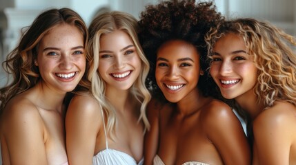 Obraz premium Four women smile brightly, showcasing their genuine joy and connection