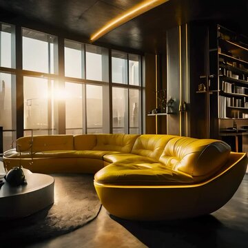 a shot with harsh sun light with a light brown mood, a shot of modern couch lounge from 45 degree camera angle on a soild white background