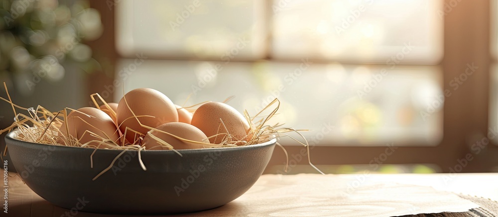 Poster Close-up of a bowl with fresh chicken eggs and dried straw on a table, ideal for adding text with copy space image.