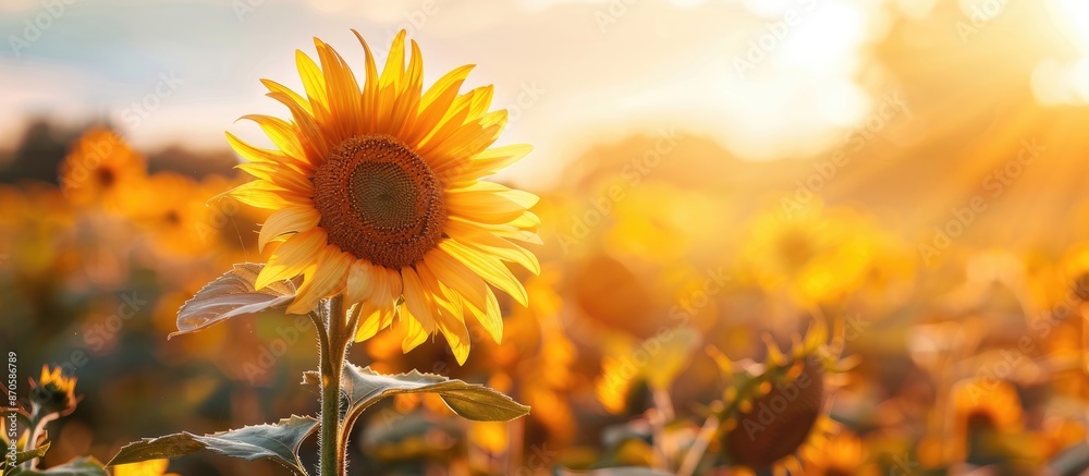 Poster close-up of a vibrant yellow sunflower blossoming in a field during sunset, providing a colorful and