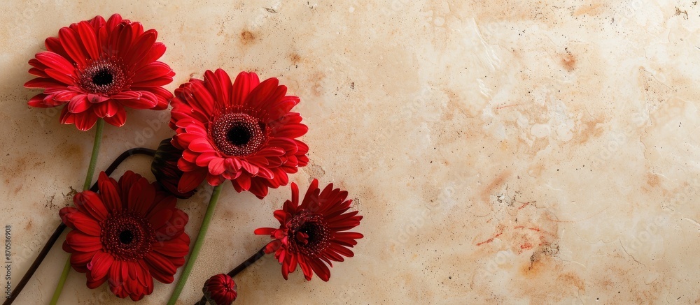 Poster Beautiful red gerbera flowers on a beige backdrop with room for text in the image. image with copy space