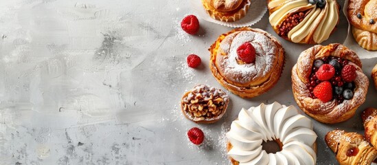 Fototapeta premium Assortment of fresh pastries elegantly arranged with copy space image on a grey backdrop.