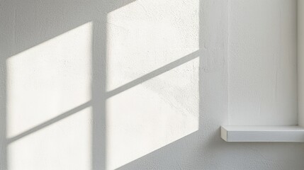 Obraz premium A close-up shot of an angled shadow cast by a window frame onto a pristine white wall, with subtle texture and soft lighting.